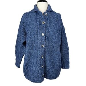 Carraig Donn Cardigan Womens S Blue Aran Wool Collared Button Front Ireland READ